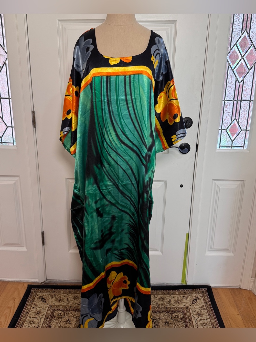 Vintage Winlar Kaftan Long Patio Dress Green Gold Colorful Satin Mumu Tribal NEW